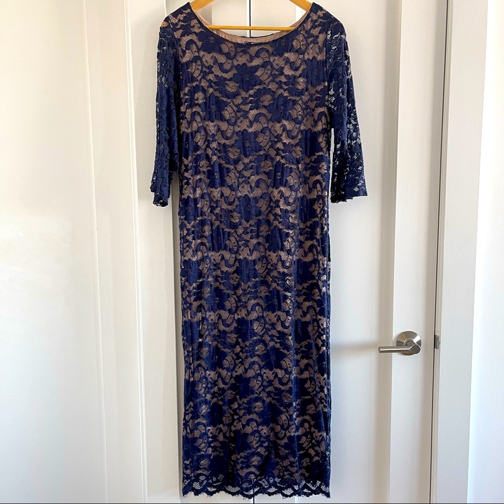 Deep blue lace overlay firm fitting knee/below the knee length dress